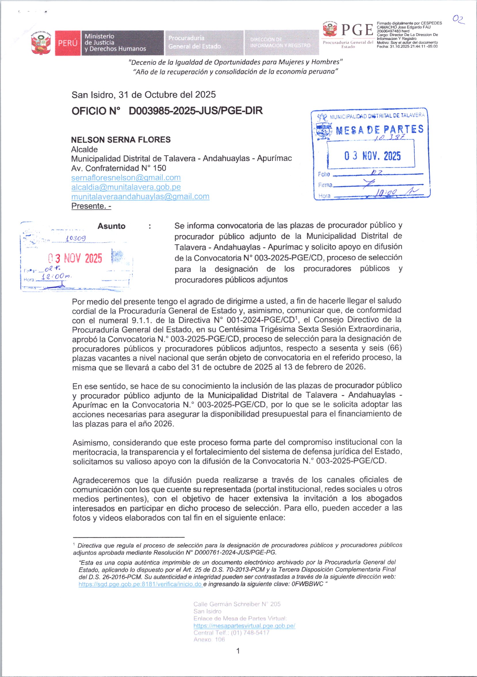 CONVOCATORIO DE PLAZAS PROCURADOR PUBLICO